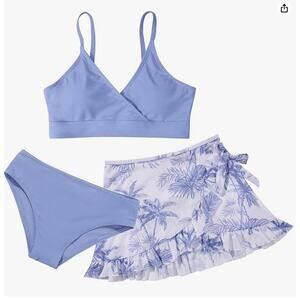 Girls' Size 15-16 Yr Bathing Suit 3 Piece Swim Set Bikini & Sheer Skirt Blue